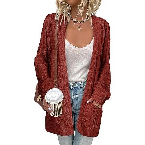 Zeagoo Women's Oversized Cardigan Cable Knit V Neck Sweater Fall Winter Open Front Long Sleeve Cardigans with Pockets Rust M - 1 of 4
