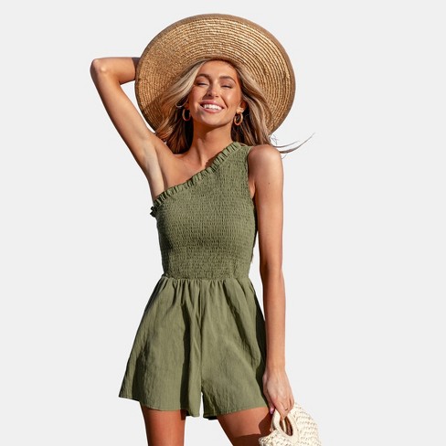 Women's Green One Shoulder Smocked Romper - Cupshe : Target