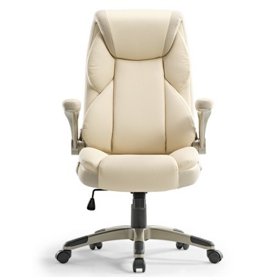 Off-White Faux Leather Executive Swivel Office Chair with Adjustable Arms