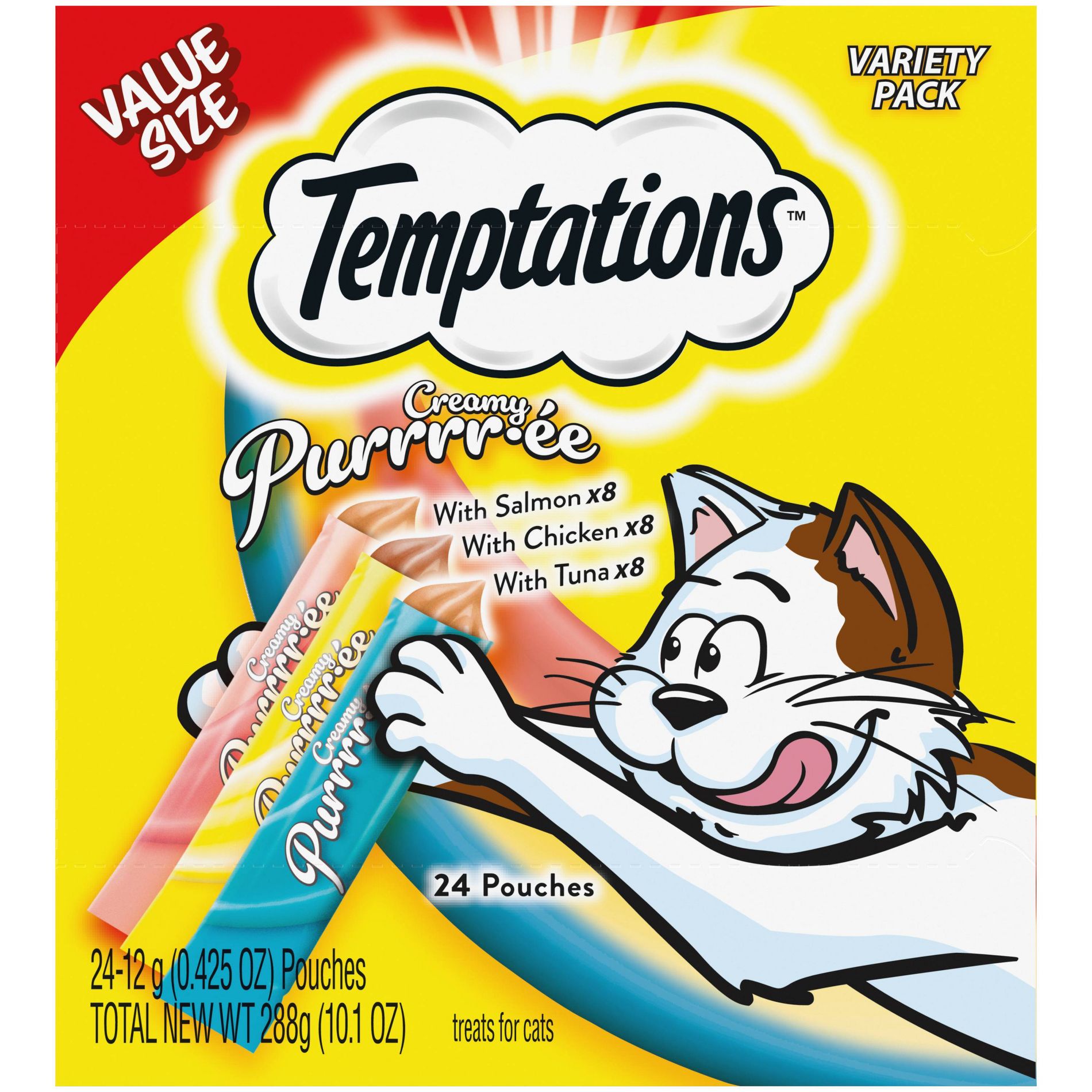 Temptations Creamy Purrrr-ee Chicken, Salmon and Tuna Lickable Squeezable Cat Treats Variety Pack - 24ct/10.1oz