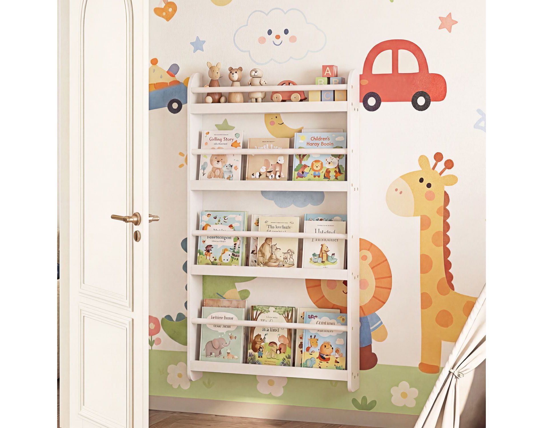 4-Tier Bookshelf Organizer for Toys and Books with Basswood Crossbar-White