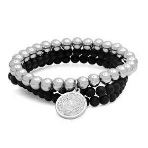 Steeltime Men's set of 3 black lava and stainless steel beaded religious bracelet - 1 of 4