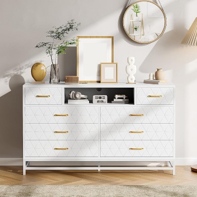 8 Drawer Wooden Dresser for Bedroom with Gold Handles, Wide Modern TV Stand for 55 Inch, Wood Storage Chest for Living Room and Bedroom