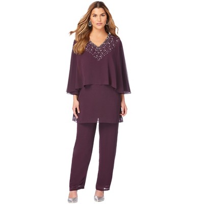 Roaman's Women's Plus Size Embellished Capelet Pant Set