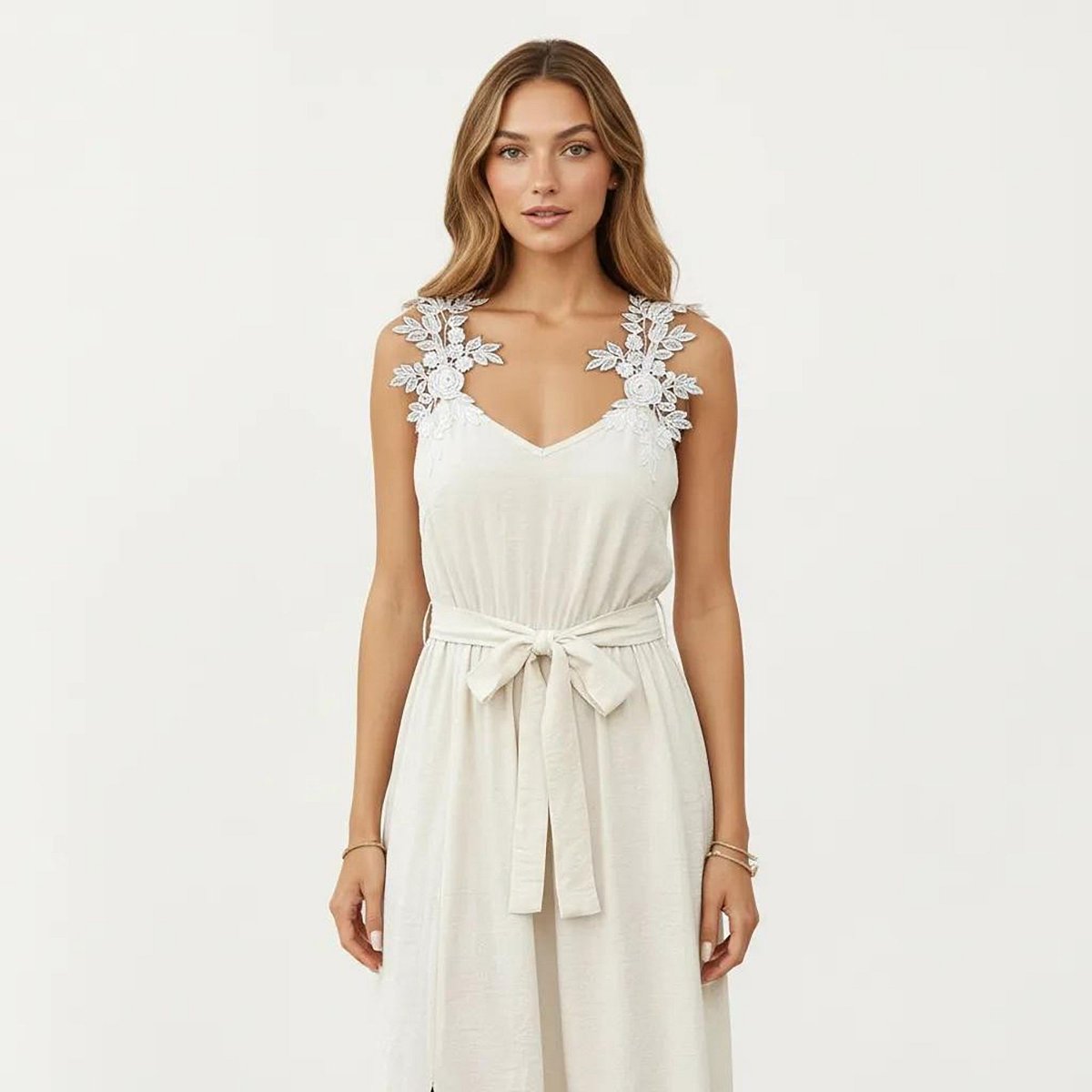 Женские платья Anna-Kaci Women's Sleeveless Maxi Dress with Floral Applique Straps Belted Waist and Front Slit - Small, Light Beige — фото 4
