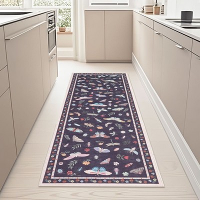 Rugs for Living Room, Floral Insect Botanical Area Rug, Soft Washable Non Slip Low Pile Rug Bedroom Home Decor