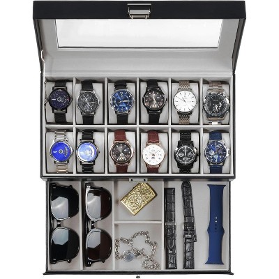 12 Slot Men Watch Case With Drawer, Watch Display Case With Glass Lid, 2-Layer Watch Holder Organizer