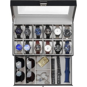 12 Slot Men Watch Case With Drawer, Watch Display Case With Glass Lid, 2-Layer Watch Holder Organizer - 1 of 4