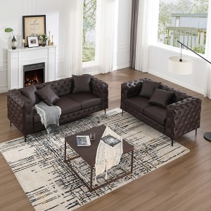 2 Pieces Living Room Sofa Loveseat Set Comfortable Faux Leather Couch with Pillows -Morden Fort - 1 of 4
