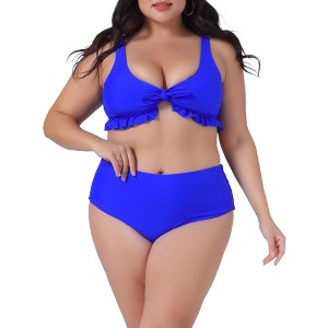 Agnes Orinda Women's Plus Size Ruffle Tie High Waisted Tummy Tummy Control Two Piece Swimwear - 1 of 4