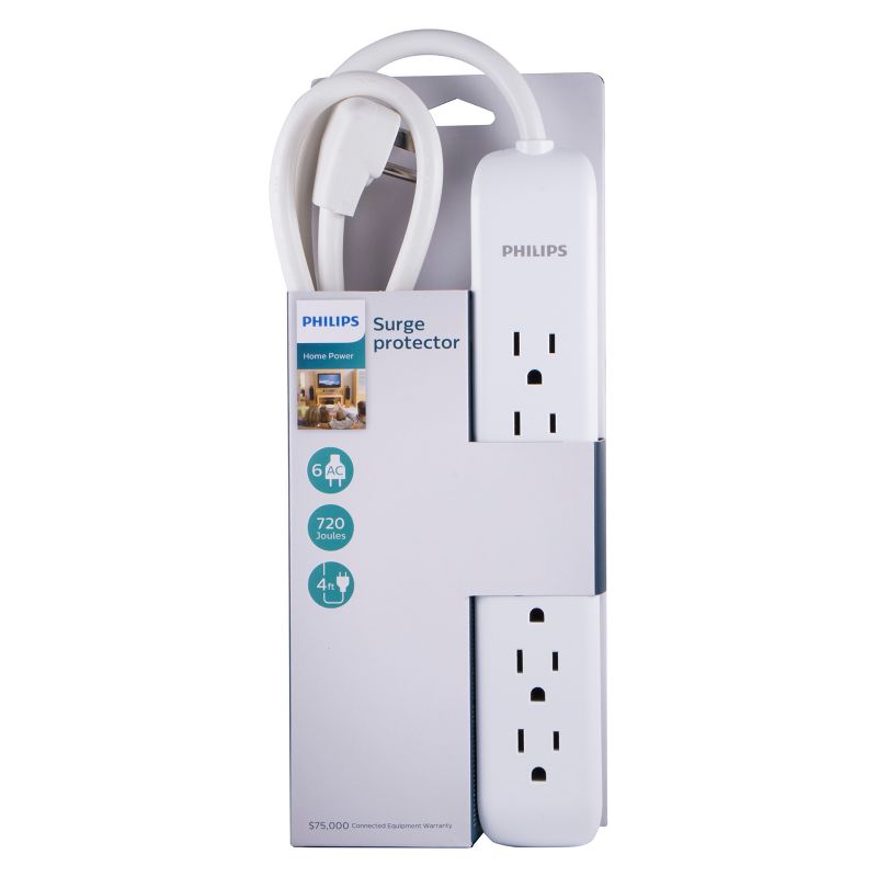 Philips 6-Outlet Surge Protector with 4ft Extension Cord, White, 5 of 11