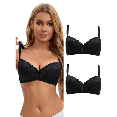 INSPIRE CHIC Women's Lace Trim Full Coverage Adjustable Strap Push Up Convertible Bra Set 2 Pcs