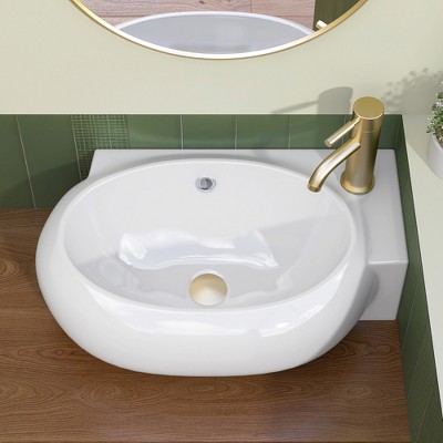 16.9 in. W x 11 in. D x 5.9 in. H Ceramic Oval Small White Wall-Mounted Bath Vessel Sink Single Bowl Right Faucet Hole