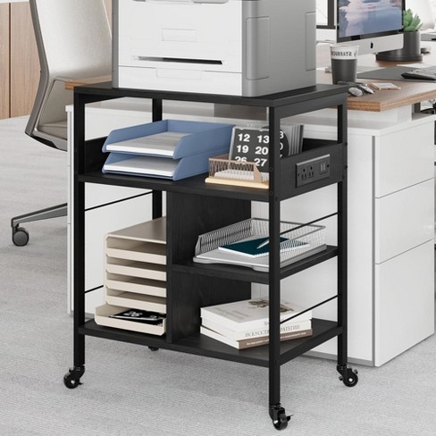 Black Printer Stand, Printer Table With Power Outlets And Usb Ports ...