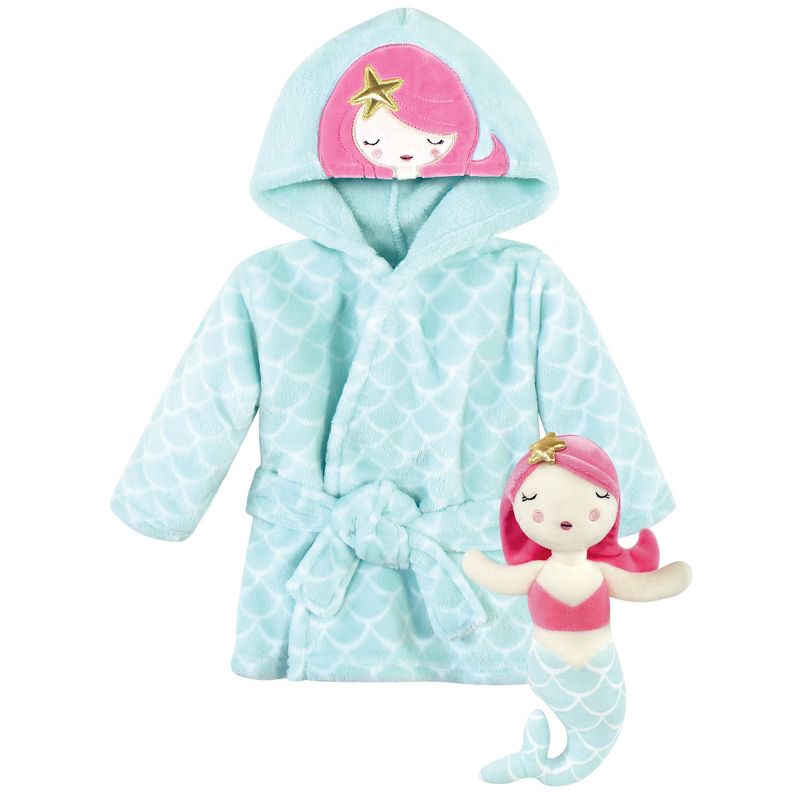 Hudson Baby Infant Girl Plush Bathrobe and Toy Set, Mermaid, One Size, 1 of 5