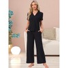 INSPIRE CHIC Women's Turndown Collar Knit Short Sleeve Top with Side Pocket Long Pant Pajamas Set - 2 of 4