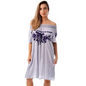 Riviera Sun Womens Off Shoulder Short Dress w/Embroidery - Sundress Bathing Suit Cover Up - 1 of 3