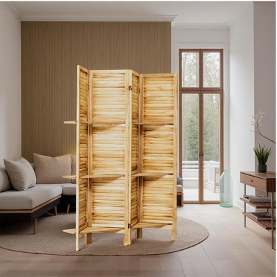 Natural Color Four-Panel Wooden Room Divider with Stand & Shelf