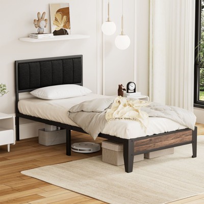 Lusimo Twin XL Metal Platform Bed Frame with Fabric Upholstered Headboard Easy Assembly
