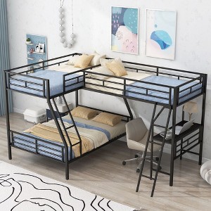 PAGED Twin Size Bunk Bed Modern Simple Metal Quadruple Bed Frame with Guardrail and Ladder, Space Saving - 1 of 4