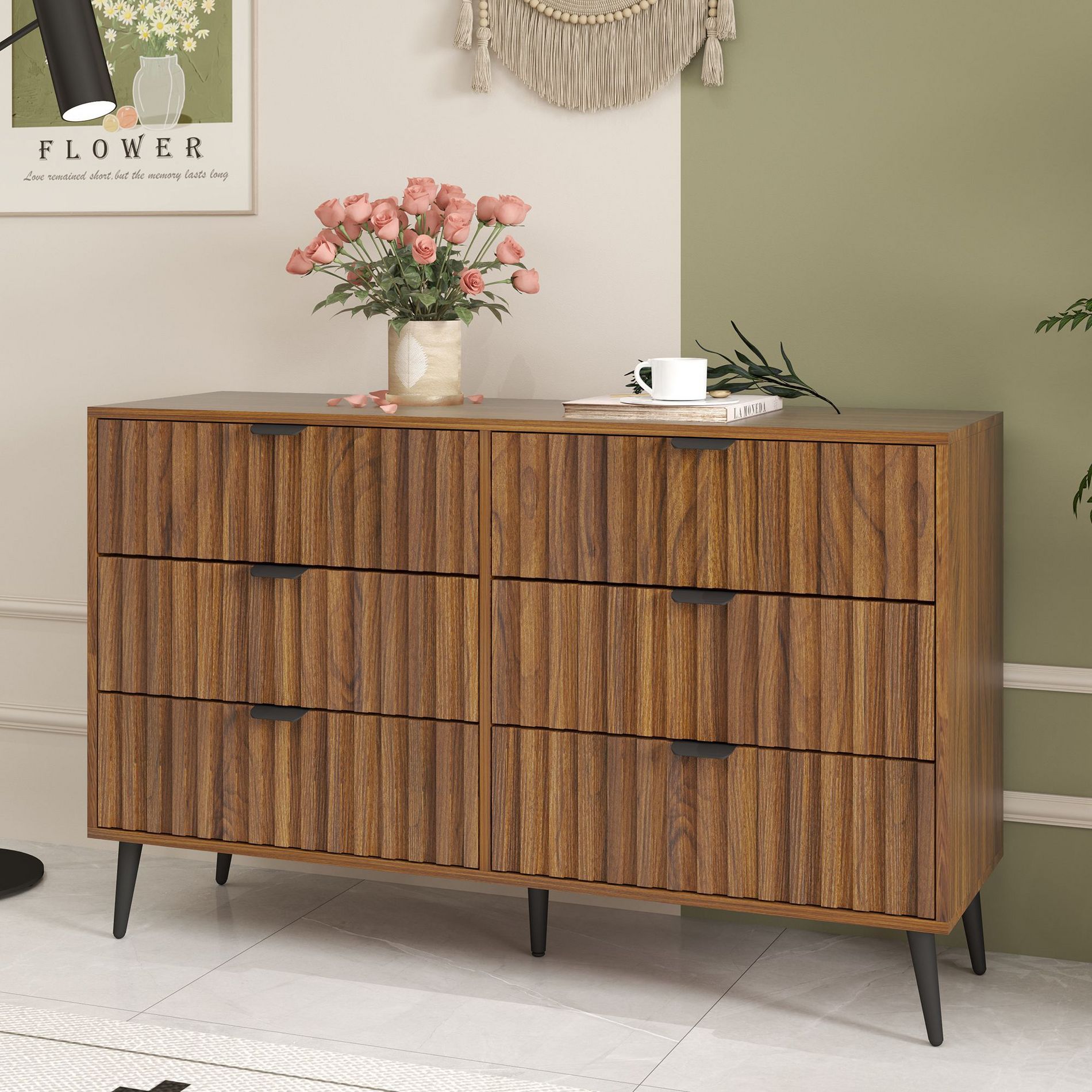 47“ Fluted 6 Drawer Dresser, Modern Dressers for Bedroom, Wood Dresser Organizer Dresser with Blister Drawers,Brown