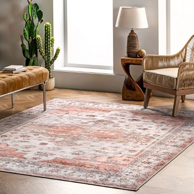 4' x 6' Orange and White Medallion Washable Synthetic Rug