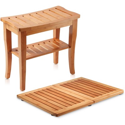 Bamboo Shower Seat Bench with Floor Mat for Indoor and Outdoor Use Dimension: Bench: 10" x 19" x 18" Mat: 17.75" x 23.75"