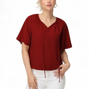 Anna-Kaci Women's Short Sleeve V-Neck Blouse with Gathered Shoulder Detail and Long Neck Tie Accent - 1 of 4