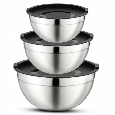 3-Piece Stainless Steel Mixing Bowl Set with Lids – Durable Bowls Dishwasher Safe, Silver