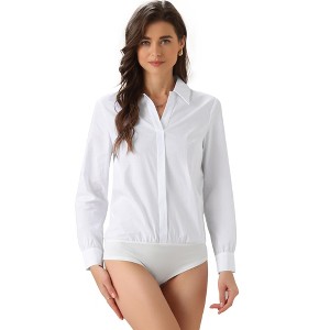 Allegra K Women's Collared Business Office Long Sleeves Bodysuit Work Leotard Shirt - 1 of 4