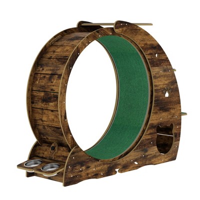 Cat Exercise Wheel with Bowls, Scratch Post & Detachable Carpet, Large Quiet Cats Running Wheel for Entertainment