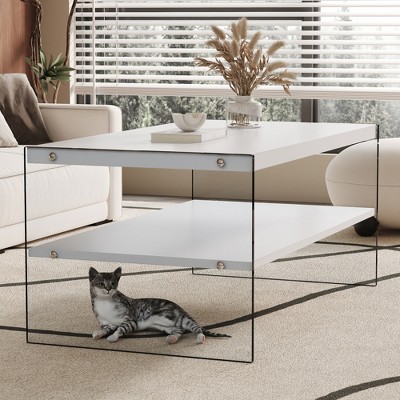 MAYEERTY Double-Layer Rectangular Coffee Table - White Grain MDF, Glass Sides, Multi-Occasion.