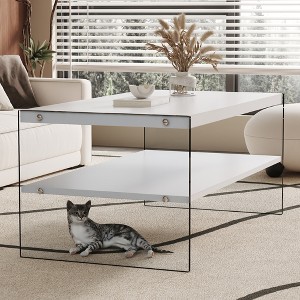 MAYEERTY Double-Layer Rectangular Coffee Table - White Grain MDF, Glass Sides, Multi-Occasion. - 1 of 4