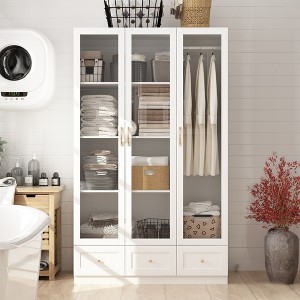 Famapy White Stylish Wardrobe with 3-Glass Doors and 3 Drawers - 1 of 4