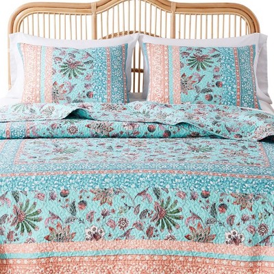 Turquoise Floral Cotton Polyester Standard Pillow Sham