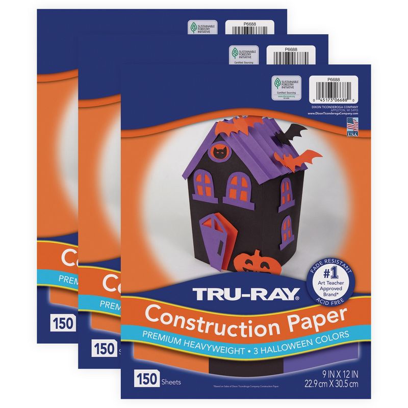 Tru-Ray® Construction Paper Halloween, Black, Orange, Purple, 9" x 12", 150 Sheets Per Pack, 3 Packs, 1 of 10