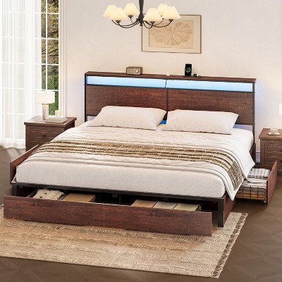 WOWLIVE Queen/Full/King Size Bed Frame with 4 Drawers, Modern bed with LED Light and Charging Station, Storage Headboard