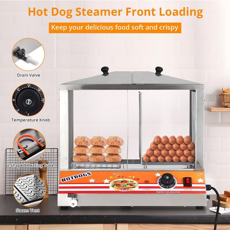 100 Hot Dogs 48 Buns Hot Dog Steamer Stand Warmer 38 QT Adjustable Temperature, 5 of 8
