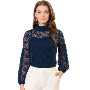 INSPIRE CHIC Women's See Through Mock Neck Long Sleeve Floral Lace Blouse - 1 of 4