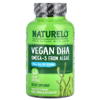 NATURELO Vegan DHA, Omega-3 from Algae, 60 Vegan Softgels (400 mg per Softgel)