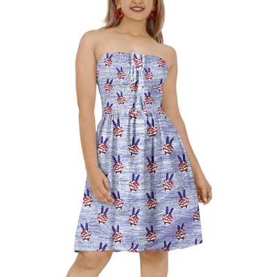 LA LEELA Women's Summer 4th of July American USA Flag Smocked Swing Tube Top Patriotic Dresses for Women One Size Regal Peace Sign