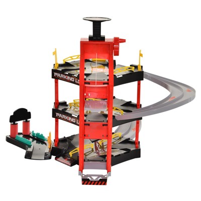 Qaba 3-Level Parking Garage Toy Car Playset with Racetrack Helicopter Ramp Elevator and Cars for Boys and Girls