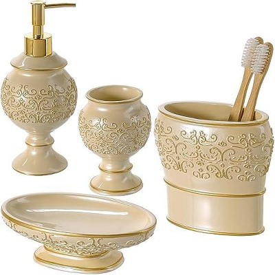 Bathroom Accessories Set of 4 Includes Soap Lotion Dispenser, Tumbler,  Tissue Box, Tray for Bath Decor, Kitchen Beige 