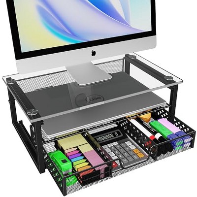 Simple Trending 2-Tier Monitor Stand Riser, Glass Metal Computer Desk Organizer with Drawer for Laptop, iMac, Black