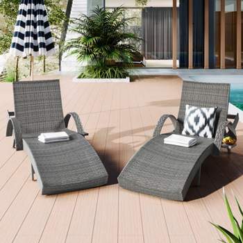 Set of 2 80'' Outdoor Wicker Chaise Lounge Chairs, Patio Rattan Reclining Chair with Pull-out Side Table - Maison Boucle