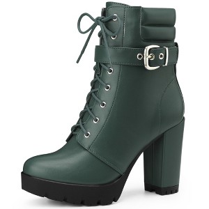 BLISSFUL STEP Lace Up Platform Buckle Chunky Heel Ankle Boots for Women - 1 of 4