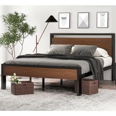 Queen Size Metal Platform Bed Frame with Wooden Headboard and Footboard, Mattress Foundation, No Box Spring Needed