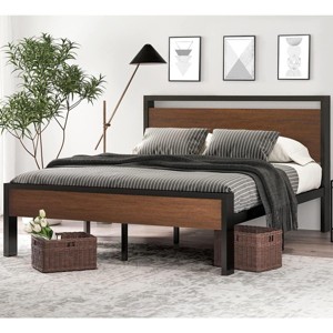 Queen Size Metal Platform Bed Frame with Wooden Headboard and Footboard, Mattress Foundation, No Box Spring Needed - 1 of 4