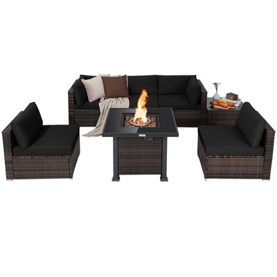 Tangkula Patio Rattan 7PCS Cushioned Chair Set Furniture Set Thick Cushion w/ 50,000 BTU Propane Fire Pit Table for Garden Black