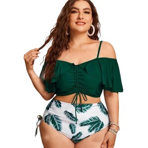 Women's Off - Shoulder Ruffled Bikini Set, High - Waisted Two - Piece Swimsuit with Drawstring Detail for Beach & Pool - 1 of 4